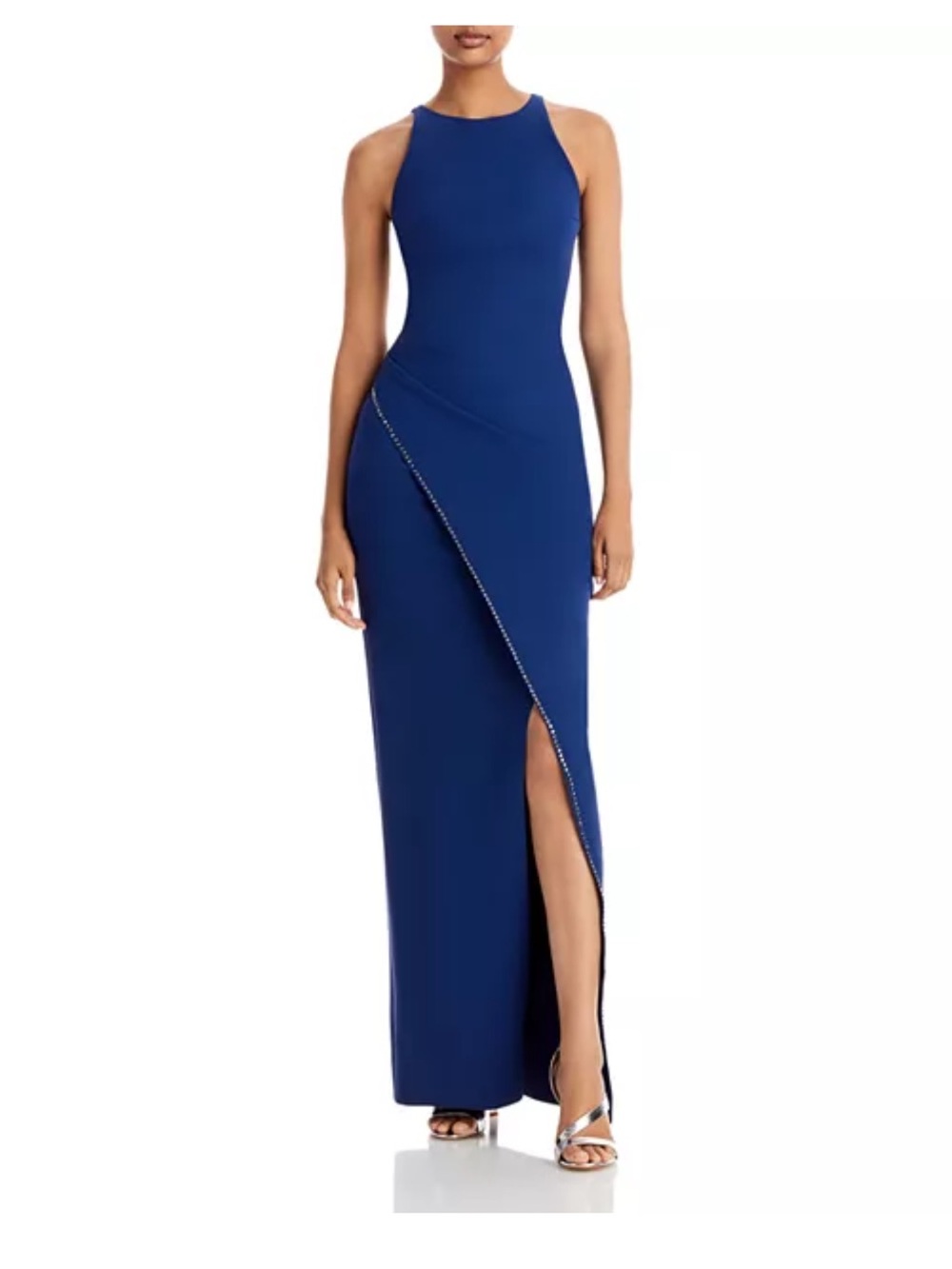 Chiara Boni Royal Blue Halter-Style Formal Maxi Gown w Beaded Slit Event Design